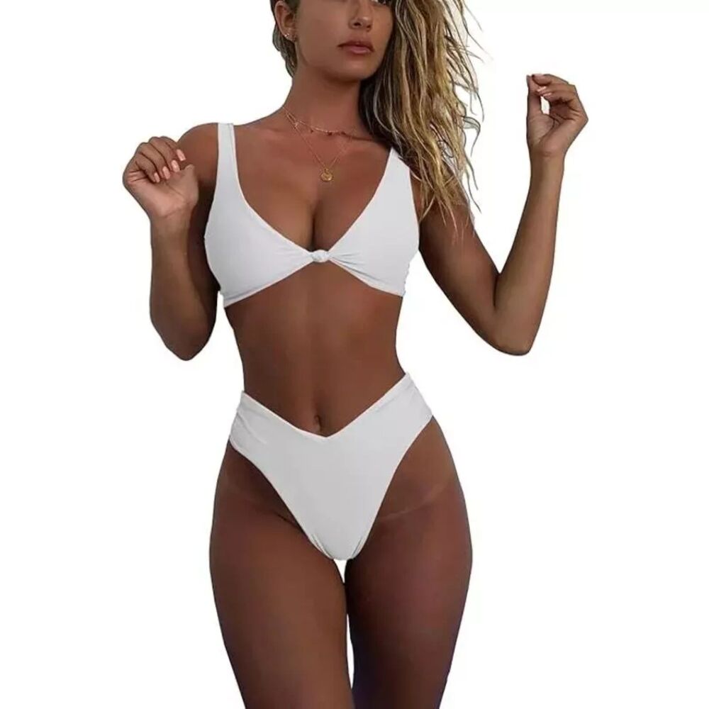 Geluboao  V Neck Knot Front Push Up High Leg Thong, White small